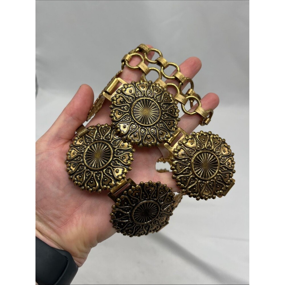 Vintage 1970s Chunky Medallion Metal Brass Toned Belt